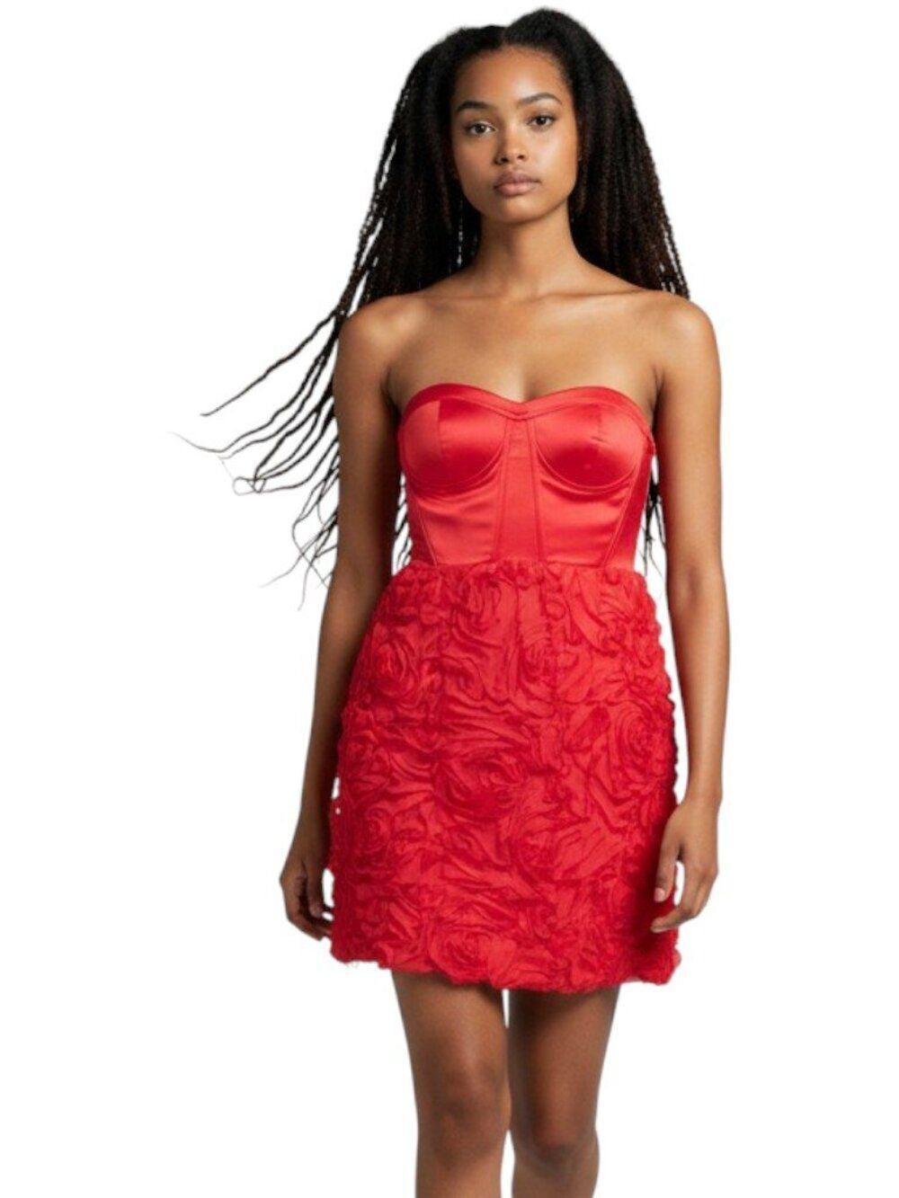 Snap Red Strapless Sweetheart Rosette Skirt Mini Dress Juniors 3 Party Cocktail